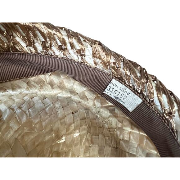 Vintage 50s Women’s Hat Straw Pillbox Fascinator Tan with Satin Ribbon
